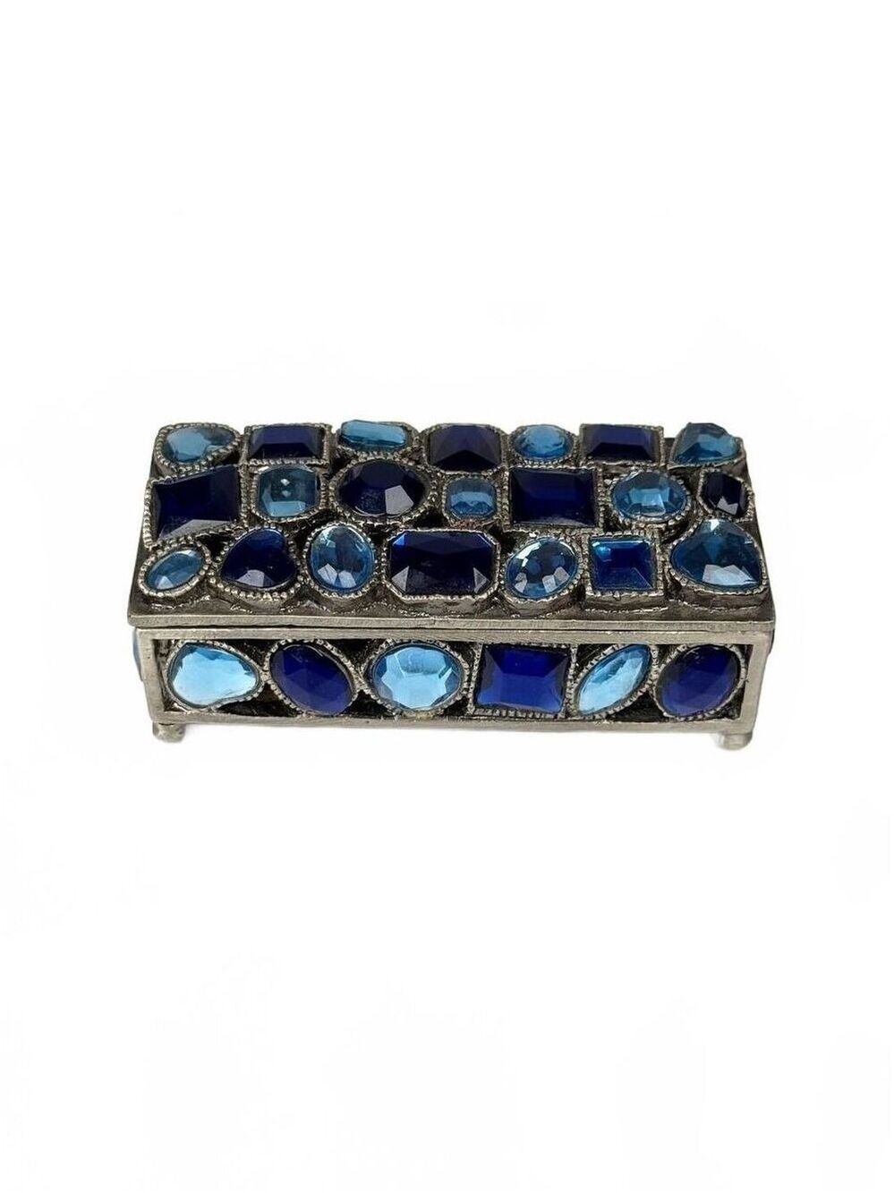 Vintage Blue Rhinestones Silver Tone Trinket Box